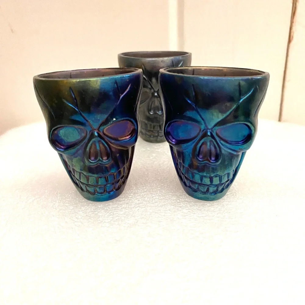 3 SKULL shot glass set iridescent double sided glass mini cup bar lot bundle set